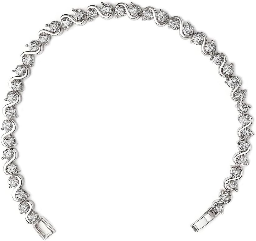 Elegant S-Wave Tennis Bracelet for Petite Women, 6.7 Inch 18K White Gold Plated with 3mm CZ, Slim Fit Anniversary Jewelry Gift B93