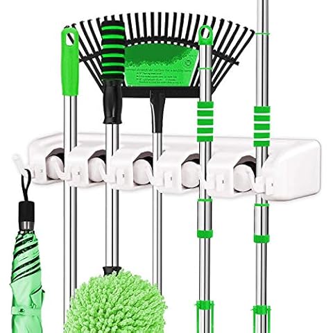 LETMY 2 Pack Broom Holder Wall Mounted - Mop and Broom Holder - Garage Storage Rack&Garden Tool Organizer - 5 Position 6 Hooks for Home, Kitchen, Garden, Tools, Garage Organizing (White) Cover