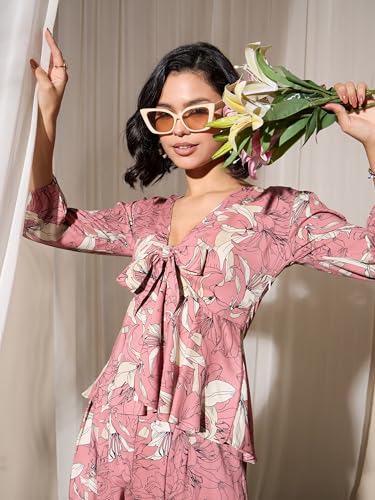Image of barcino Pink Tropical Front Tie Top With Pants