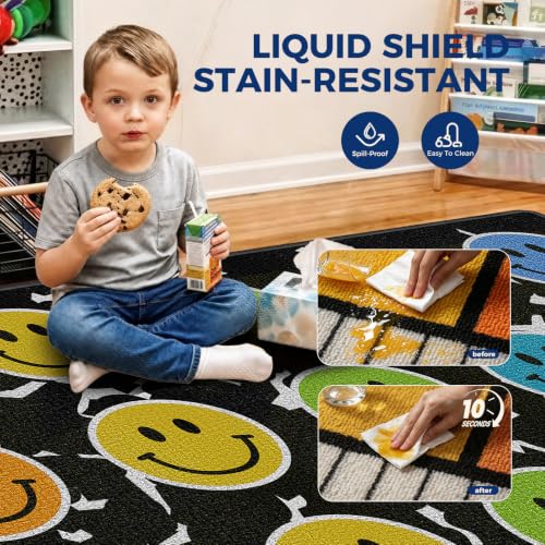 Image of Booooom Jackson Smile Face Classroom Rug 7'6 inch x 13'1 inch - Large Black Area Rug with 24 Colorful Seating Spots - Non-Slip Carpet for Elementary School, Daycare, Preschool, and Home Playroom