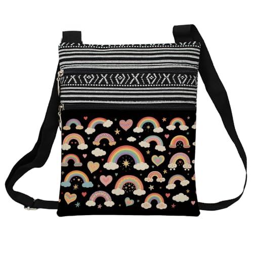 Rainbow Messenger Bag Small Ethnic Pattern Adjustable Strap Crossbody Zipper Pouch Black Cartoon Rainbow Phone Organizer Wallet Cute Shoulder Handbag for Women Friends
