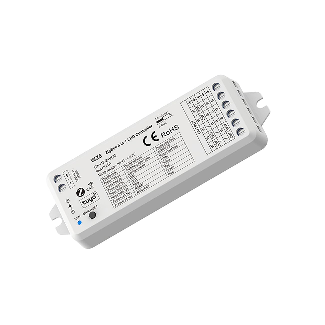 5CH*3A DC 12V-24V ZigBee & 2.4GHz RF 5 in1 Smart LED Controller, for Single Colour/CCT/RGB/RGBW/RGB+CCT LED, Tuya App Alexa Google Assistant Voice Control