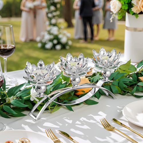 Dounx Crystal Candle Holder, 5.6" Tall Silver Centerpieces for Tables, 3-Arm Lotus Candelabra, Home Decor for Wedding, Dining Room, Coffee Table and Living Room (10.5" L, Fits Tealight Candles) by Dounx - Image 4