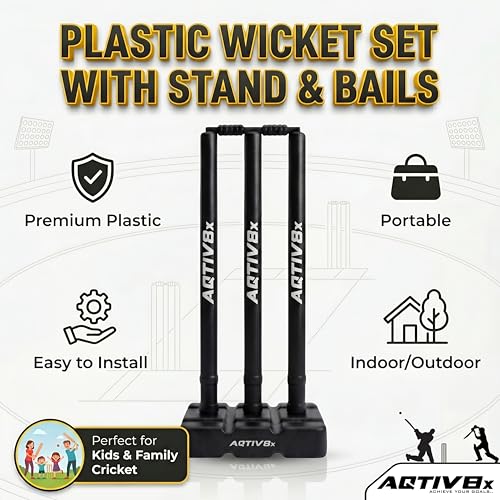 Image of Plastic Cricket Wicket Set Full Size with 1 Base, 2 Bails & 3 Wickets (Black)