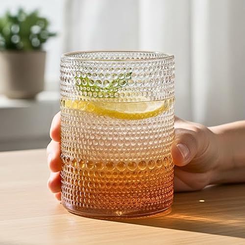 Image of Kookee Jupiter Vintage Hobnail Bubble Glass Old Fashioned Whiskey Tumbler | Textured Beaded Cocktail Drinking Glasses Set of 6 | 300ml (11763)
