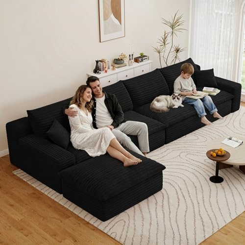 Image of 136 inch Cloud Couch Modular Sectional Sofa for Living Room, L-Shape Boneless Couch with Deep Seat, Modern Corduroy 4-Seater with Ottoman, No Assembly Required, Black