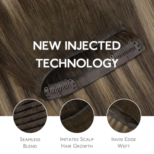 Image of WENNALIFE Invisible Edge Seamless Clip in Hair Extensions Real Human Hair | 22'' 111g 7pcs Balayage Chocolate Brown to Caramel Blonde. Thin PU Weft, Easy, Comfortable Clip in Remy Hair Extensions