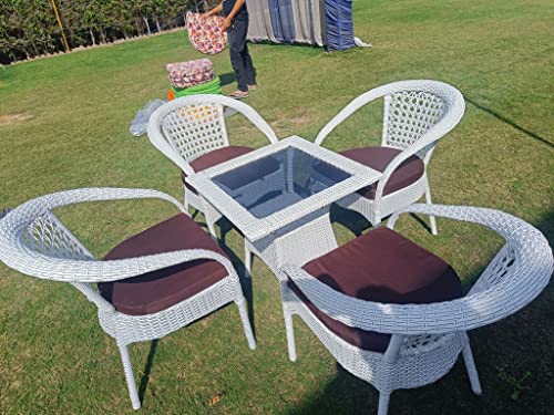 Image of Anaya Decor D-8 Chairs Table Set 4+1 Wicker Patio Furniture Sets 4 Chair and 1 Table with Cushions for Garden Balcony Bedroom Powder Coated Frame Uv Protected Wicker (Off White+Brown)