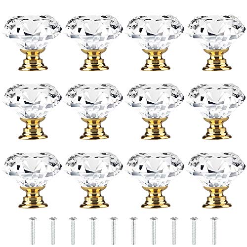 [12 PCS] 30mm Crystal Clear Glass Cabinet Drawer Pulls Golden Base, Tomorotec Diamond Shape Cupboard Knobs with Screws for Kitchen, Dresser, Cupboard, Bathroom, Wardrobe (1.2 inch / 30 mm)
