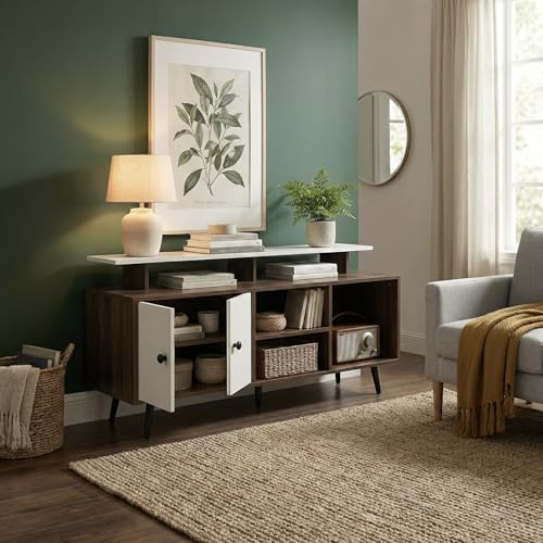 Image of Icon TV Entertainment Unit with Elevated Soundbar Shelf & Storage Cabinet, Modern Media Console for Living Room up to 55 Inch TV, 140x40x64cm (Dark Oak & White)