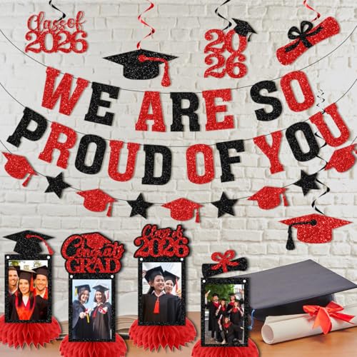 Image of Graduation Decorations 2026 - Red Congrats Grad Party Supplies Include Glitter We are So Proud of You Banner, Hanging Swirls and Honeycomb Centerpieces for Photo Toppers
