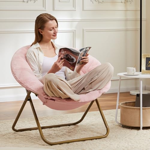 Image of Simple Deluxe Comfy Chairs for Bedroom, Faux Fur Saucer Chair for Adults, Oversized Comfy Soft Saucer Chair, Padded Lazy Chair for Living Room Dorm Rooms, Pink
