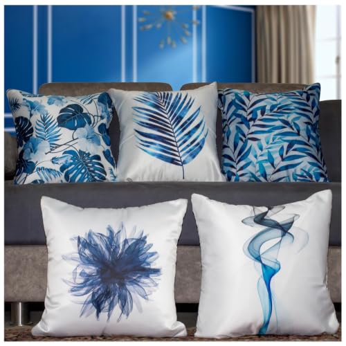 Image of Decorative Satin Sofa Cushion Covers Set of 5, 16 x 16 Inches, Multicolor Floral Printed Pillow Covers for Living Room, Bedroom, Couch & Sofa, Soft Glossy Fabric, Zipper Closure