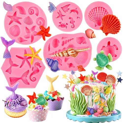 6 Pcs Marine Theme Silicone Mold Mermaid Tail Sea Turtle Fish Seashell Starfish Conch Seahorse Marine Animal Fondant Mold Set for Ocean Cake Decorations Chocolate Candy Resin Clay Birthday Party Decor