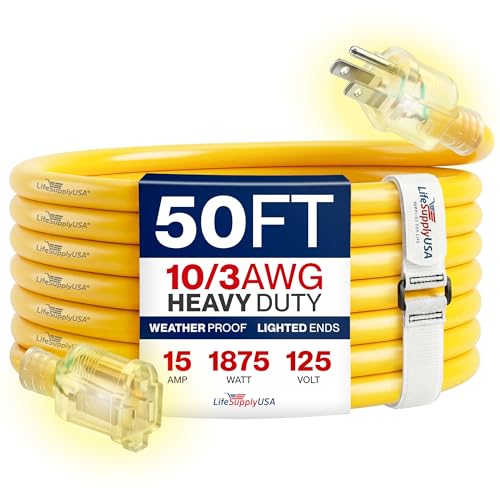 50ft Outdoor/Indoor Extension Cord 10/3 Gauge Ultra Heavy Duty 3 Prong SJTW, Waterproof, Flexible Cold-Resistant Long Power Cord,15A 125V 1875W, Yellow by LifeSupplyUSA