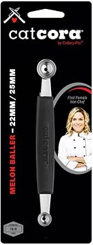 Cat Cora Melon Baller, Professional 18/8 Stainless Steel Dual Blades 10/15-Millimeter for Melon Balls and Garnishes, Ergonomic Soft-Grip Handle