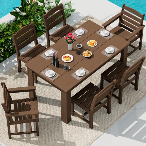 Image of SERWALL 59 inch Patio Dining Set for 6, w / 1 Table & 6 Chairs, Brown