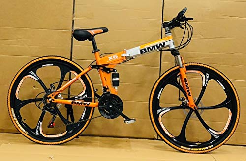 Image of Sunspeed 26 Inch Folding Mountain Bike Orange Silver for Men & Women | 21 Speed Gear Cycle | Dual Disc Brakes | Front & Rear Suspension | Magnesium Alloy Wheels | Foldable Bicycle for Adults