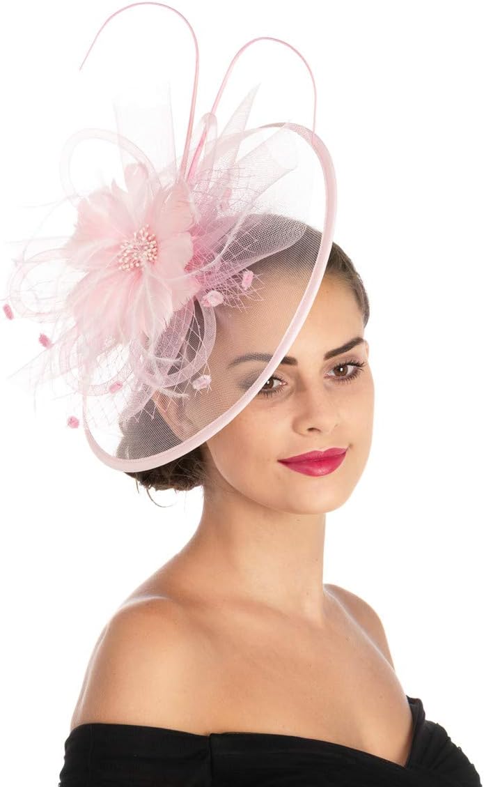 HaojingSinamay Flower Feather Headband Fascinator Wedding Headwear Ladies Race Royal Ascot Pillbox Wedding Cocktail Tea Party Derby Hat for Women
