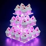 OLACHIKKO Cupcake Stand, 3-Tier Cupcake Holder with LED light String, Acrylic Cupcake Tower Display-Dessert Tower-Pastry Stand-Cupcake Tier Stand for Wedding, Birthday party ( Pink Light)