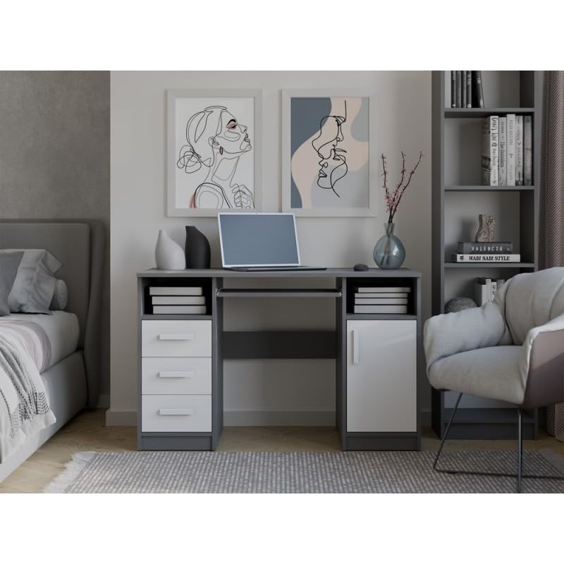 CDF Biurko DELTA ANTRACYT/BIAŁY 120 cm 3 Szuflady Szafka Półki Do Biura Pokoju Na Laptop Stylowy Wygląd Stabilna Konstrukcja Biurko z Dużą Ilością Miejsca Dodatkowy Schowek na Książki Zabawki