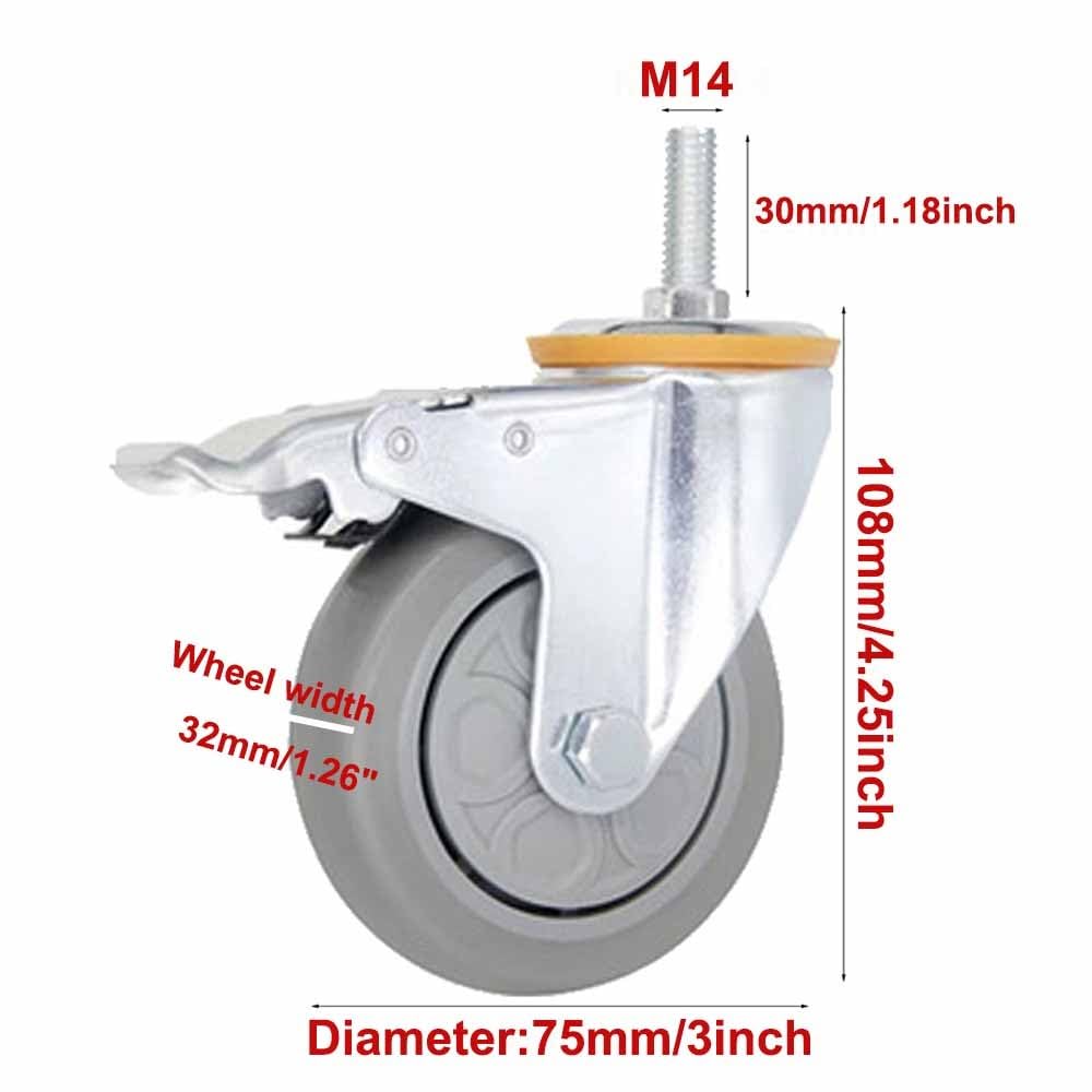 75mm Lenkrollen mit Gewinde M14x30mm, 4pcs Universal Bremsrollen, Schwerlastrollen mit Verriegelung, Ersatz Gummiräder für Möbel, Trolley, Tragkraft 180kg