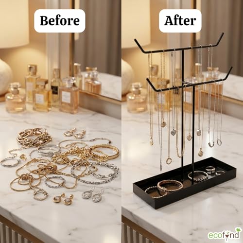 Image of ecofynd 2-Tier Metal Jewelry Organizer Stand with 2 Hangers, 16-Inch Holder for Earrings, Necklaces, Bracelets & Rings, Space-Saving Display for Vanity, Dressing Table & Home (Black, JS010)