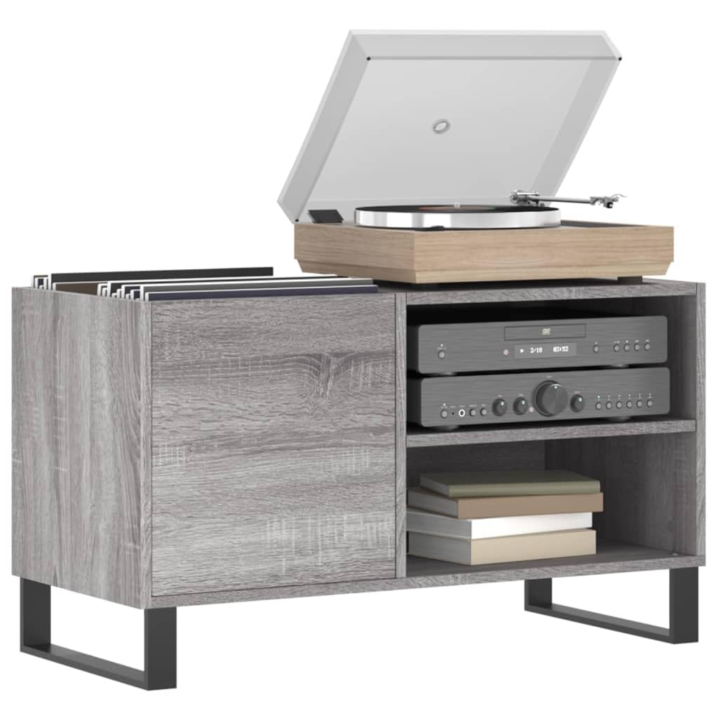 Armadio per dischi grigio sonoma, 85 x 38 x 48 cm, in legno con gambe in ferro, spazio per dischi in vinile, ripiano per giradischi, adatto per soggiorno, ufficio e camera dei ragazzi