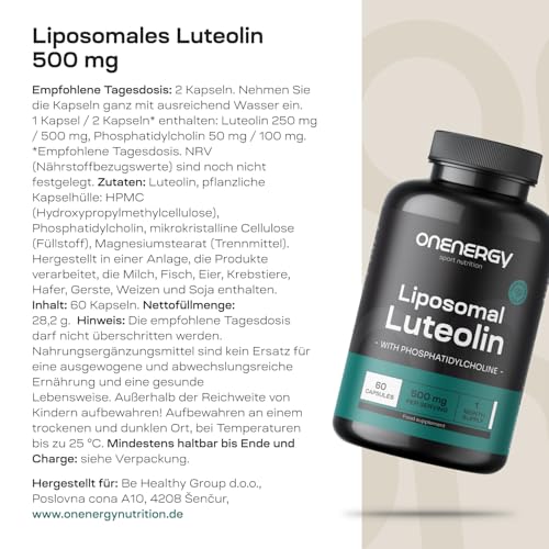 OnEnergy Liposomales Luteolin 500 mg - 60 Pflanzliche Kapseln - Natürliches Flavonoid - Ausgezeichnete Absorption und Wirksamkeit - Mit zugesetztem Phosphatidylcholin - Tägliche Unterstützung