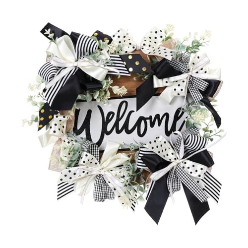 Wreath for Front Door with Layered Ribbons Bows in Black and White Welcome Sign for Front Door Neutral Farmhouse Welcome Year Round Wreath Door Dcor Door Hanger Decoration Porch Dcor Home Dcor