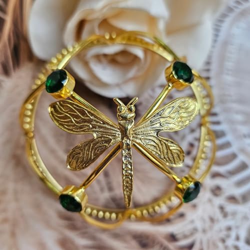 Image of Hair Bun Cage Accessory for Women | Handcrafted Brass Juda Cover with Stick | Anti-Tarnish Traditional Hair Accessory for Wedding & Festive (Dragonfly Green Crystal Hair Bun (Golden))
