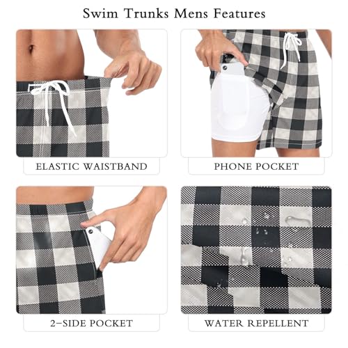 Mens Swim Trunks with Liner, White Black Plaid Cool Quick Dry Beach Swim Shorts, Swimwear Bathing Suits S3
