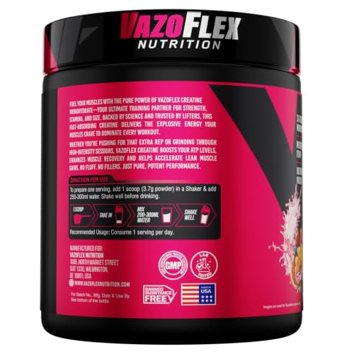 Image of VAZOFLEX Nutrition Creatine Monohydrate Powder | 3g Micronized Creatine Monohydrate Per Serving | Instantized Mixing | Fruit Punch Flavour | 81 Servings | 300g
