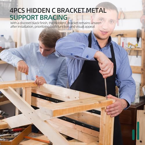 Riyhch 4Pcs 36x2 Inch C Channel Steel Support, Hidden C Bracket Metal Support Bracing, Black Coat Finish Bracket for Table Tops, Furniture, Woodworking