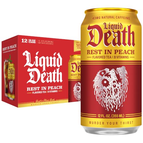 Liquid Death Iced Tea - Rest In Peach (Peach-Flavored Black Tea), Less Sugar*, Boost of Caffeine, B Vitamins, No Artificial Sweeteners, 12 Fl Oz (Pack of 12)