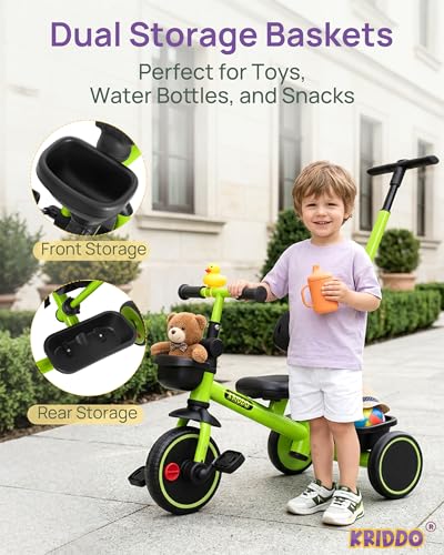 Image of KRIDDO 2-in-1 Tricycle for Toddlers 1.5-5 Years, Push Tricycle with Parent Steering & Detachable Handle, 9-Stage Adjustable Handlebar, Toddler Trike with Safety Belt, Clutch Pedals & Dual Baskets, GN