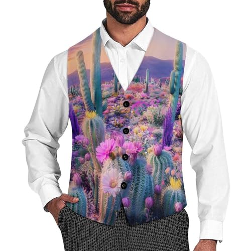 Cactus Succulent Mens Slim Fit Suit Vest Dress Waistcoat Casual Business Vest