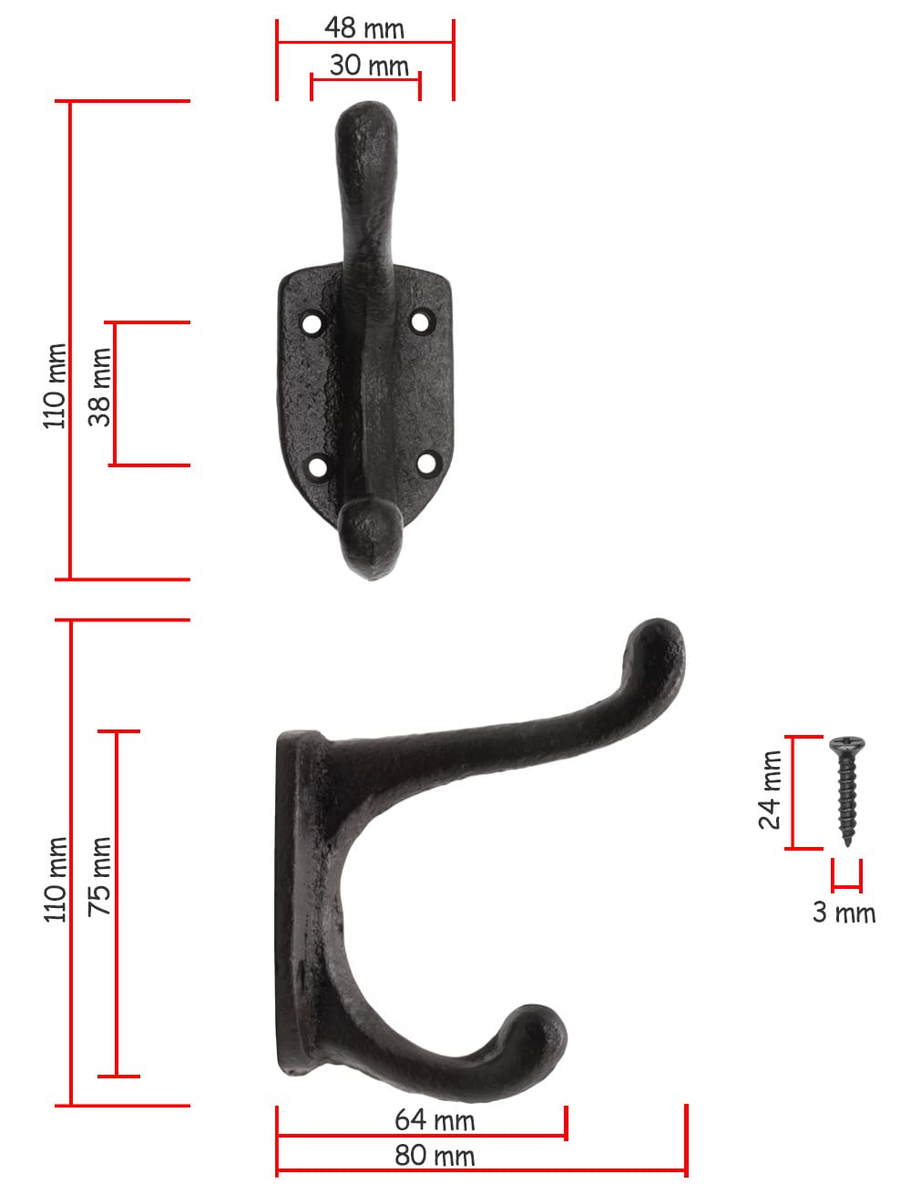 Fuxxer 3 ganchos rústicos de hierro fundido pesado, color negro, 11 x 8 cm, juego de 3 unidades