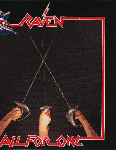 Album cover for Raven's 'All for One' featuring three hands holding fencing foils crossed in the center, with the band logo and album title.