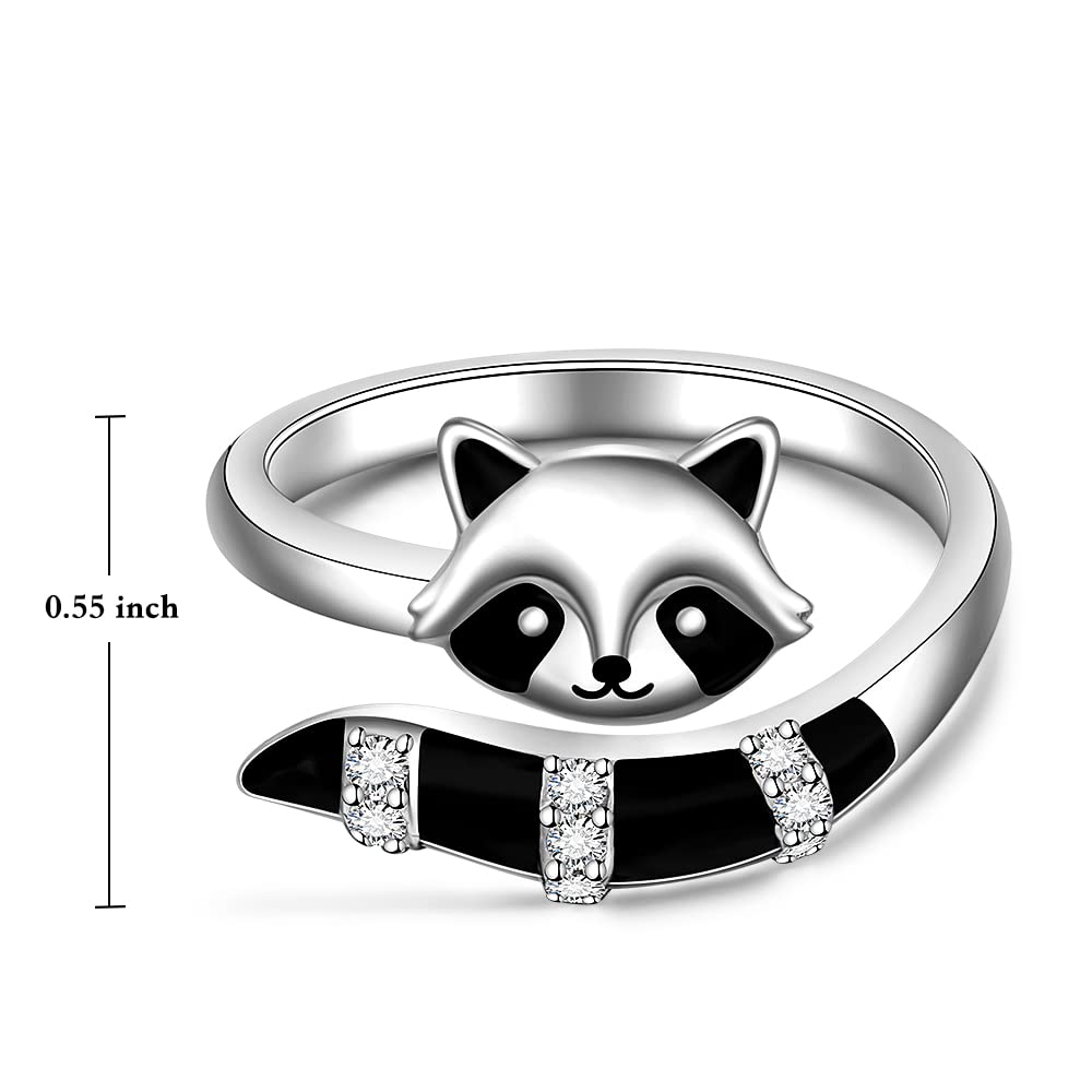 Anillos de mapache ajustables para mujeres, adolescentes, niñas, de plata de ley, lindos y divertidos anillos abiertos de animales, regalos de joyería para amantes del mapache, talla 8