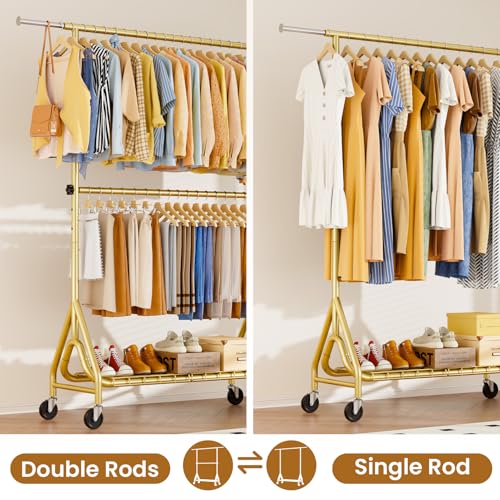 Image of Double Rods Clothing Rack, Heavy Duty Clothes Rack for Hanging Clothes Load 560LBS, Metal Rolling Garment Racks with Wheels, Freestanding Clothes Hanging Racks, Gold