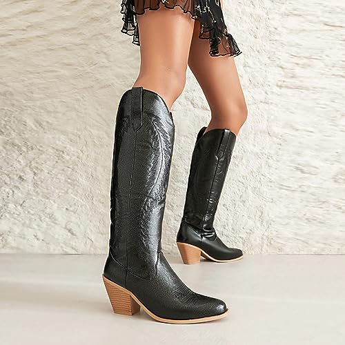 MRKEWUNEY Cowboy Laarzen voor dames Wide Calf Cowgirl Knee Hoge Laarzen Metallochrome Western Laarzen - Afbeelding 5