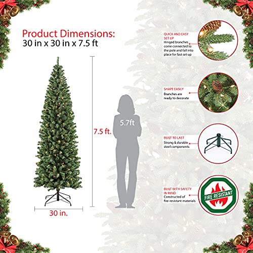 Puleo International 7.5 Foot Pre-Lit Northern Fir Pencil Artificial Christmas Tree With 350 Clear Lights, Green #TOP5