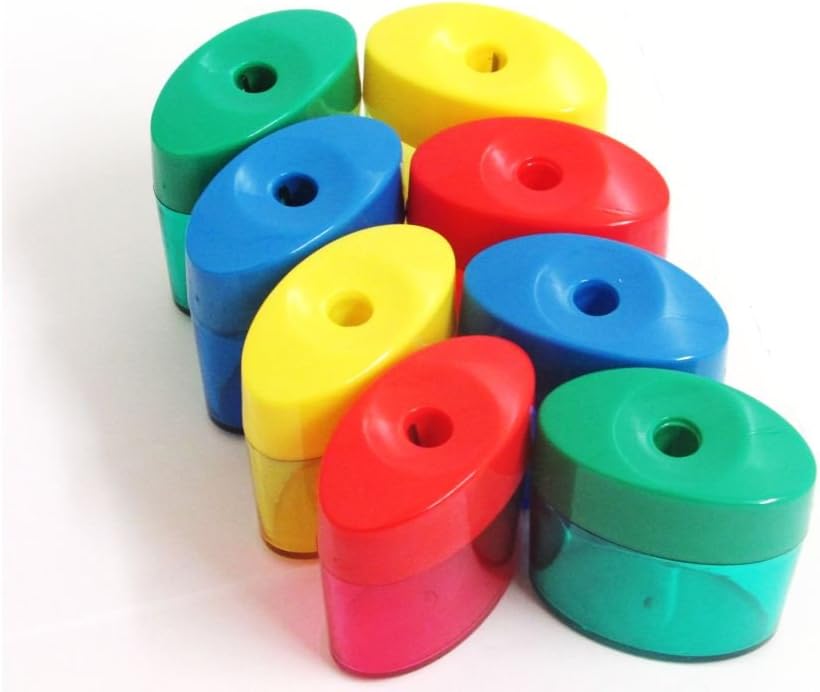 Mega Set Of 48 Single Hole Triangular Shaped Pencil Sharpener With Cover and Receptacle! Comes In Red, Blue, Yellow, and Green Colors!