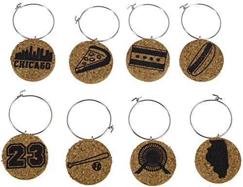 Chicago Wine Charms (20 Unique Sets) Cork Wine Glass Charms- Set of 8 Chicago Charms, Chicago Themed Gifts/Souvenirs - Wine Glass Accessories, Chicago Wine Gift Basket for Wine Lover - Drink Marker