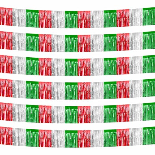 Image of 6 Pack 10 Feet Foil Fringe Garland Metallic Tinsel Streamers Banner Wall Hanging Backdrop Banner for Parade Floats, Valentine's Day, Wedding, Birthday, Mardi Gras Party Decorations Red Silver Green