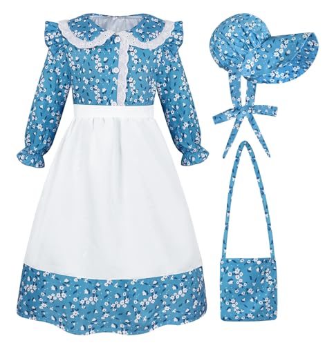 COTRIO Pioneer Dresses for Girls Colonial Costume Girl Prairie Dress Floral Pioneer Costumes with Apron and Bonnet Kids Halloween Outfits Size 5 (Blue)
