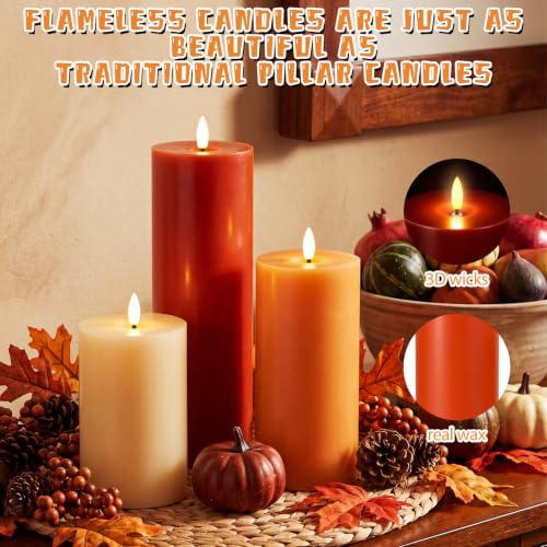 Image of Retisee 3 Pcs Fall 6 /8 /12 Inches Flameless LED Candles with Remote and 2 /4 /8h Timer Yellow Cream Orange Battery Electronic Wax Flickering Candles for Autumn Home Decor, Table Cozy Seasonal Gatherings