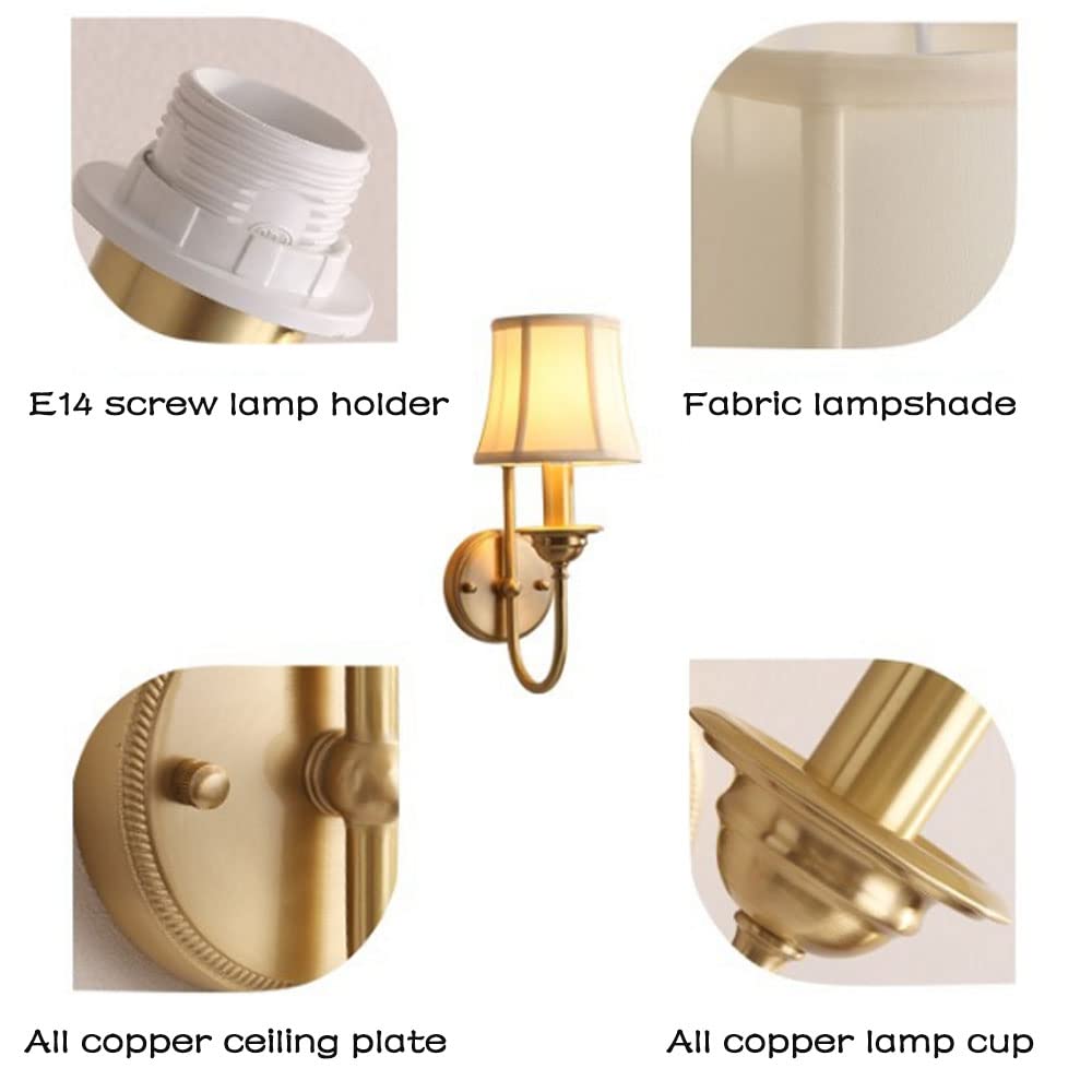 Wall Lamp E14 Retro Fabric Light Single Head Full Copper Sconce Simple Living Room Decorative Lantern American Style Country Bedroom Balcony Corridor Fixture