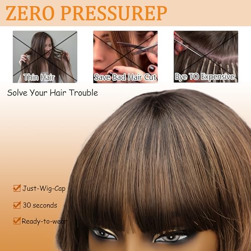 Image of Nnzes Short Wavy Bob Wig with Bangs for Women Shoulder Length Curly Ombre Brown Blonde Synthetic Heat-Resistant Fiber Hair for Daily & Party Use